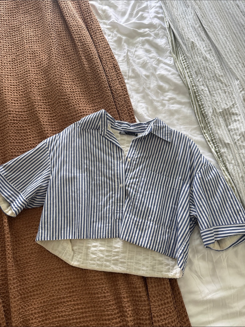 Zara Blue & White Striped Cropped Button-Down Shirt